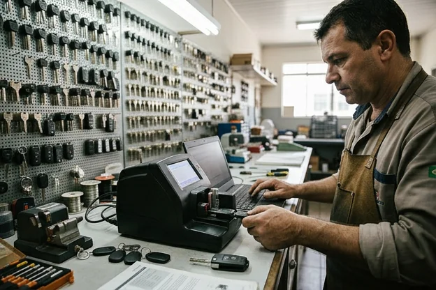 Chaveiro ajustando uma chave codificada em Sarandi.